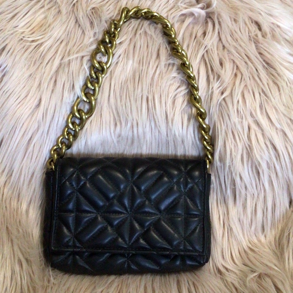Zara Black Quilted Crossbody Bag with Gold Chain